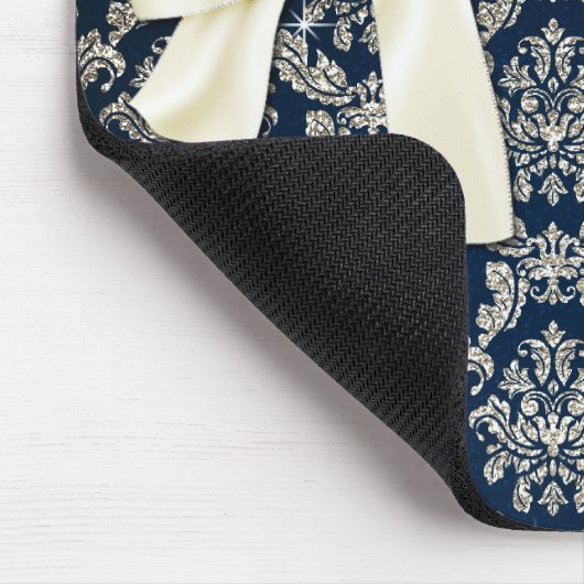 Elegant Blue Silver Damask Diamond Bow Monogrammed Muismat (Hoek)