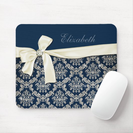 Elegant Blue Silver Damask Diamond Bow Monogrammed Muismat (Met muis)