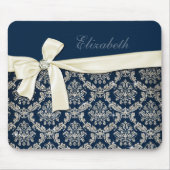 Elegant Blue Silver Damask Diamond Bow Monogrammed Muismat (Voorkant)