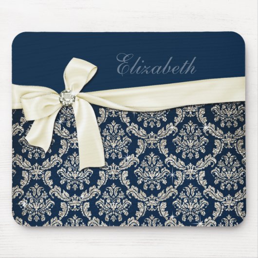 Elegant Blue Silver Damask Diamond Bow Monogrammed Muismat (Voorkant)