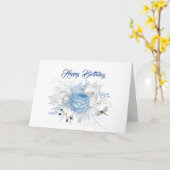Elegant Blue Silver Dragonfly Floral Birthday Kaart (Gele Bloem)