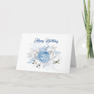 Elegant Blue Silver Dragonfly Floral Birthday Kaart