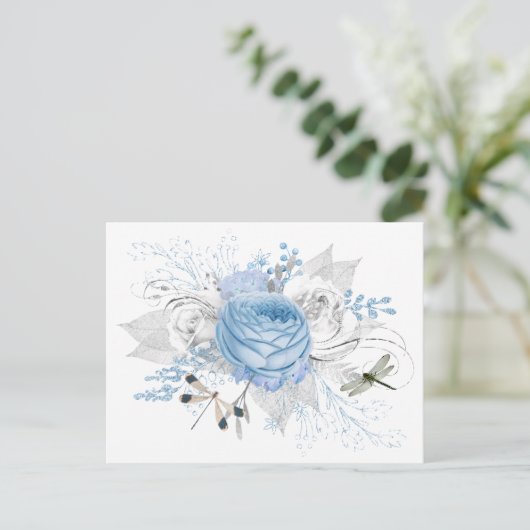 Elegant Blue Silver Dragonfly Floral Briefkaart (Staand voorkant)