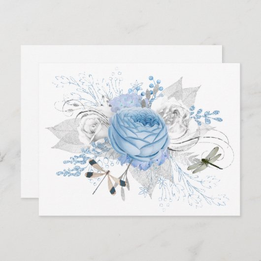 Elegant Blue Silver Dragonfly Floral Briefkaart (Voorkant / Achterkant)