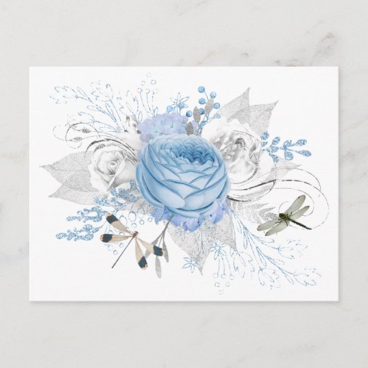 Elegant Blue Silver Dragonfly Floral Briefkaart (Voorkant)