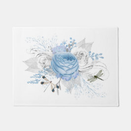 Elegant Blue Silver Dragonfly Floral Deurmat