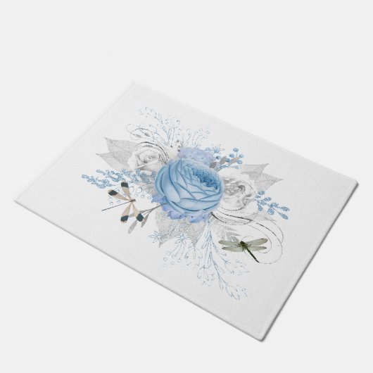 Elegant Blue Silver Dragonfly Floral Deurmat (Schuin)