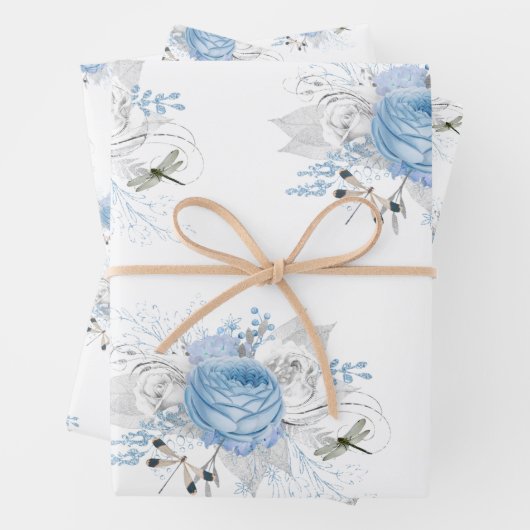 Elegant Blue Silver Dragonfly Floral Inpakpapier Vel (In situ)
