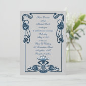 Elegant Blue Silver Floral Swirls Wedding Invite Kaart (Staand voorkant)