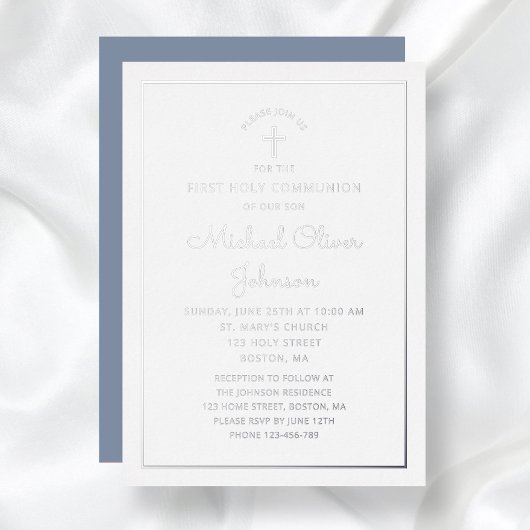 Elegant Blue Silver Foil Script First Community Folie Uitnodiging