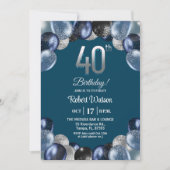 Elegant Blue Silver Glitter 40th Birthday Photo Kaart (Voorkant)