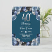 Elegant Blue Silver Glitter 40th Birthday Photo Kaart (Staand voorkant)