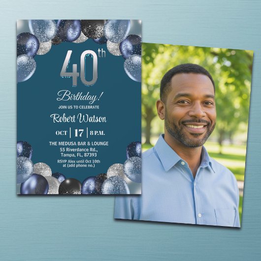 Elegant Blue Silver Glitter 40th Birthday Photo Kaart