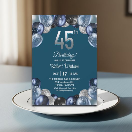 Elegant Blue Silver Glitter 45th Birthday Party Kaart