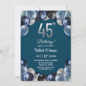 Elegant Blue Silver Glitter 45th Birthday Party Kaart (Voorkant)