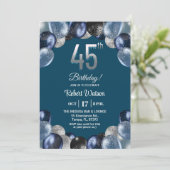 Elegant Blue Silver Glitter 45th Birthday Party Kaart (Staand voorkant)