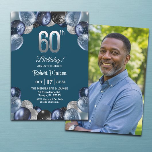 Elegant Blue Silver Glitter 60th Birthday Photo Kaart