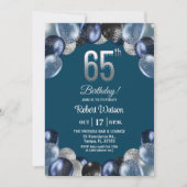 Elegant Blue Silver Glitter 65th Birthday Party Kaart (Voorkant)