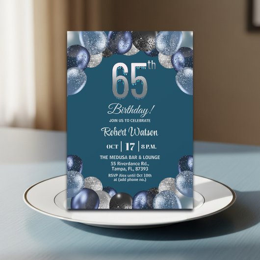 Elegant Blue Silver Glitter 65th Birthday Party Kaart