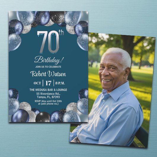 Elegant Blue Silver Glitter 70th Birthday Photo Kaart