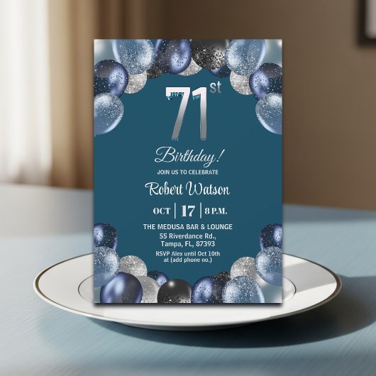 Elegant Blue Silver Glitter 71st Birthday Party Kaart