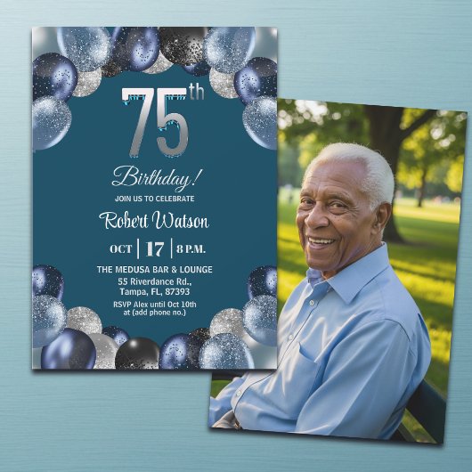 Elegant Blue Silver Glitter 75th Birthday Photo Kaart