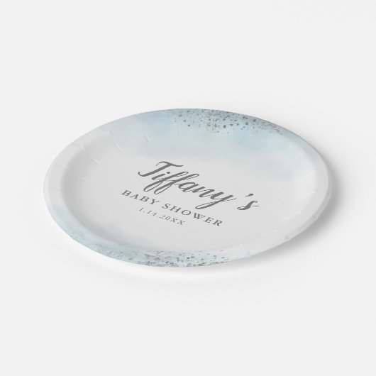 Elegant Blue Silver Glitter Baby shower Papieren Bordje (Gekanteld)