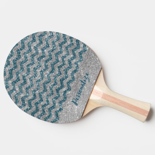 Elegant Blue Silver Glitter Chevron Zig Zag Tafeltennisbatje (Zijkant)
