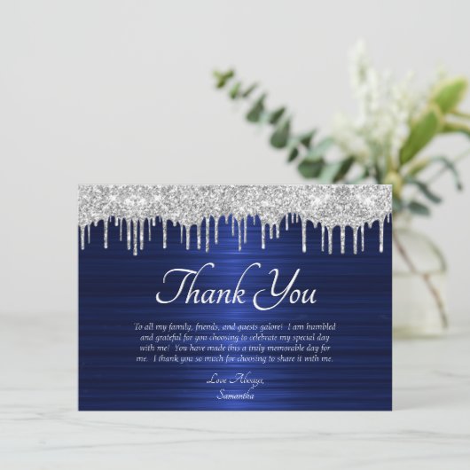 Elegant Blue Silver Glitter Drip Birthday Bedankkaart (Staand voorkant)