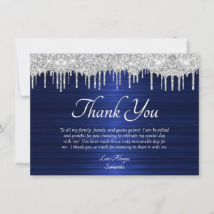 Elegant Blue Silver Glitter Drip Birthday Bedankkaart