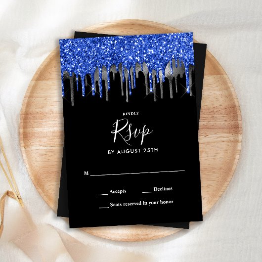 Elegant Blue Silver Glitter druist tegen RSVP Notitiekaartje