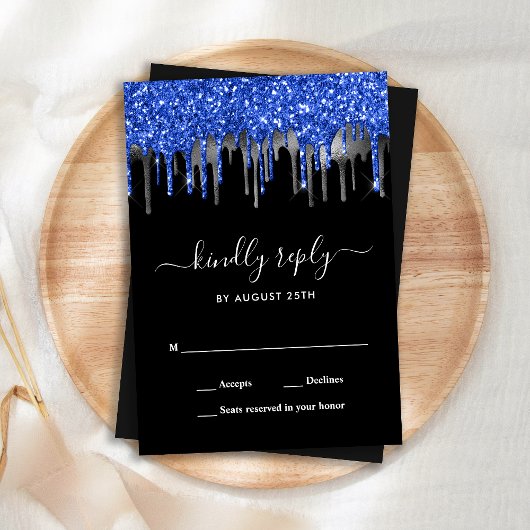 Elegant Blue Silver Glitter druist tegen RSVP Notitiekaartje