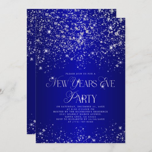 Elegant Blue Silver Glitter New Years Eve Party Kaart (Voorkant / Achterkant)