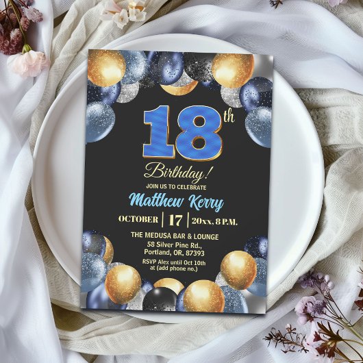 Elegant Blue Silver Gold 18th Birthday Party Kaart