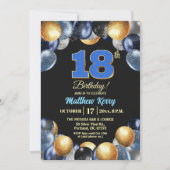 Elegant Blue Silver Gold 18th Birthday Party Kaart (Voorkant)
