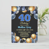 Elegant Blue Silver Gold 40th Birthday Photo Kaart (Staand voorkant)