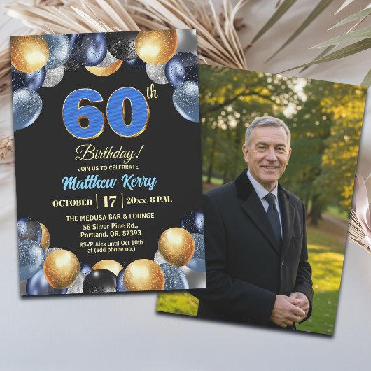 Elegant Blue Silver Gold 60th Birthday Photo Kaart