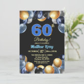 Elegant Blue Silver Gold 60th Birthday Photo Kaart (Staand voorkant)