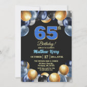 Elegant Blue Silver Gold 65th Birthday Party Kaart (Voorkant)