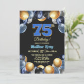 Elegant Blue Silver Gold 75th Birthday Photo Kaart (Staand voorkant)