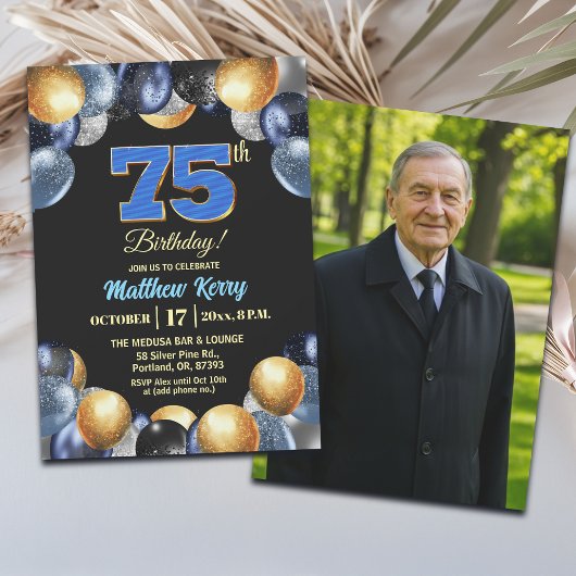 Elegant Blue Silver Gold 75th Birthday Photo Kaart