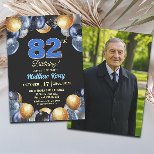 Elegant Blue Silver Gold 82nd Birthday Photo Kaart