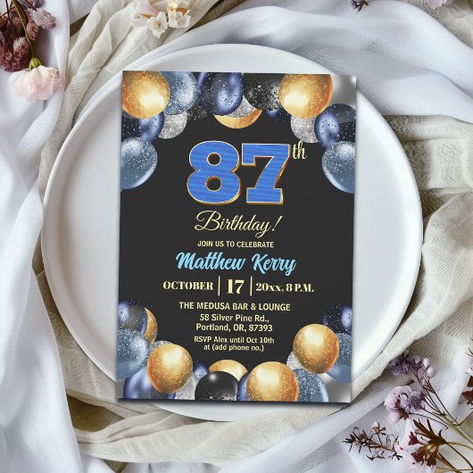 Elegant Blue Silver Gold 87th Birthday Party  Kaart