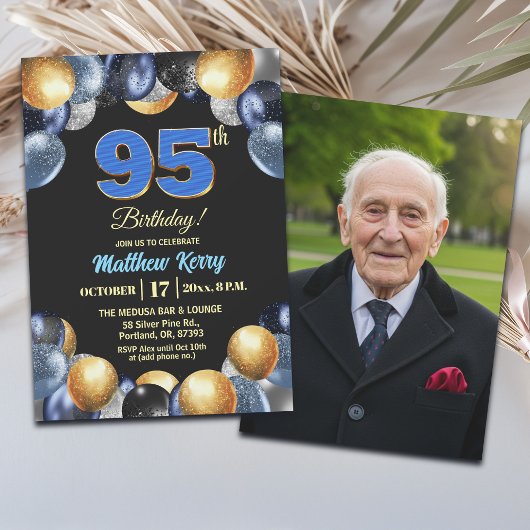 Elegant Blue Silver Gold 95th Birthday Photo  Kaart