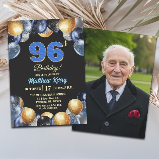 Elegant Blue Silver Gold 96th Birthday Photo  Kaart