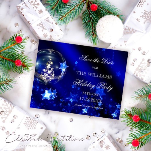 Elegant Blue Silver-kerstparty bewaart de datum Aankondigingskaart