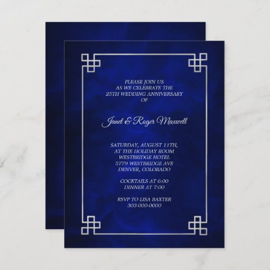 Elegant Blue Silver Lijst 25th Wedding Jubileum Kaart (Voorkant / Achterkant)