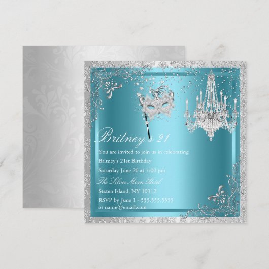 Elegant Blue & Silver Masquerade 21st Invite Kaart (Voorkant / Achterkant)