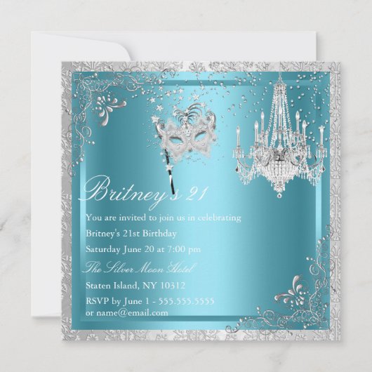 Elegant Blue & Silver Masquerade 21st Invite Kaart (Voorkant)