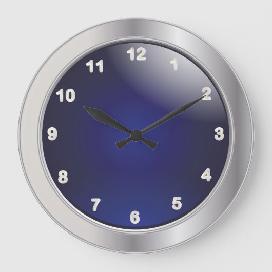 Elegant Blue & Silver Metal met witte cijfers Grote Klok (Voorkant)